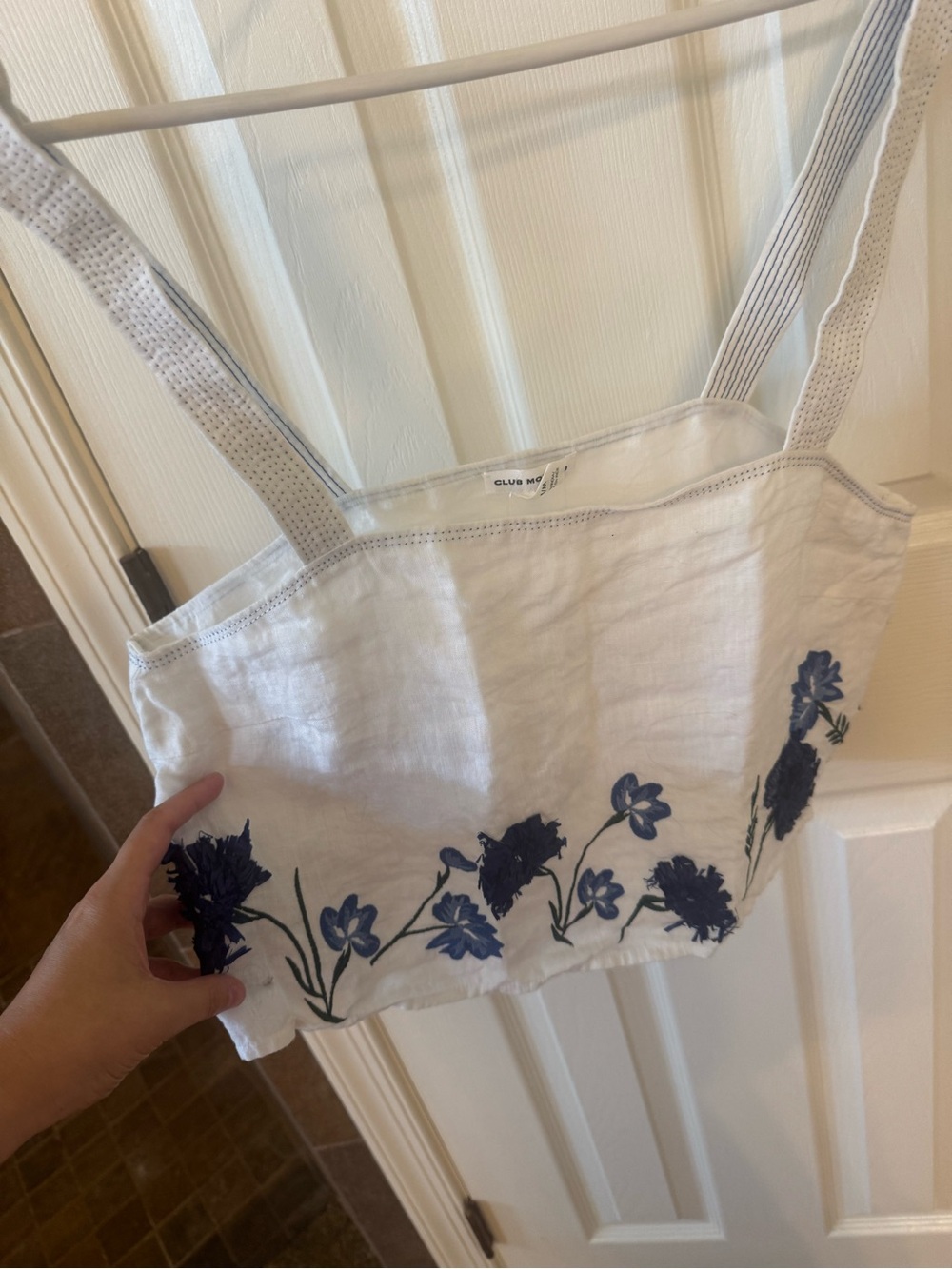 Club Monaco White Linen Crop Top with Blue Floral Embroidery